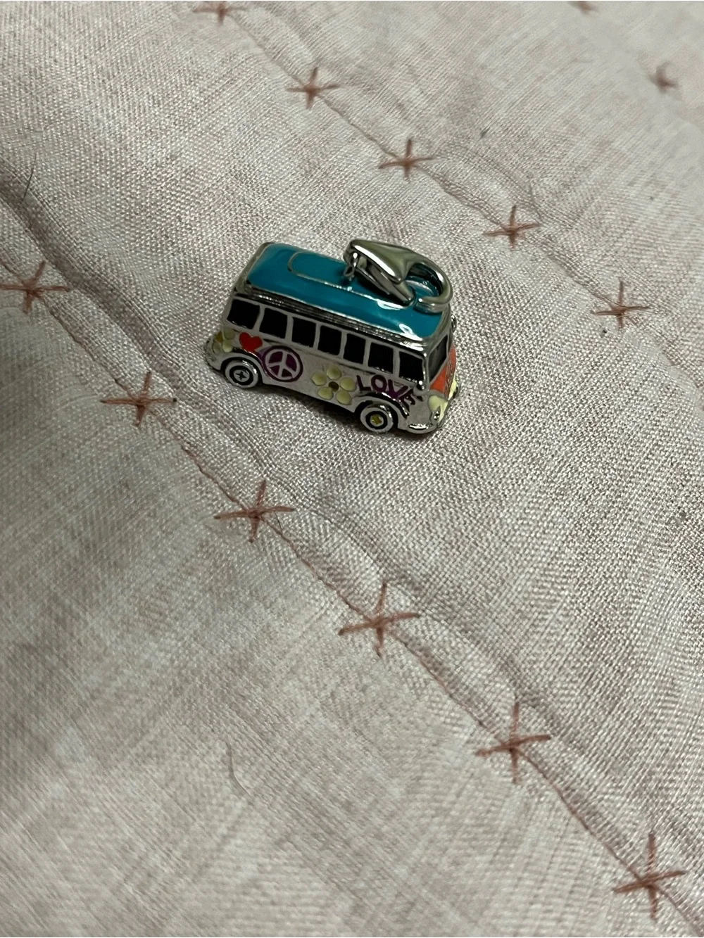 Decorative Silver Tone Van Charm with Multicolor Floral Accents 925